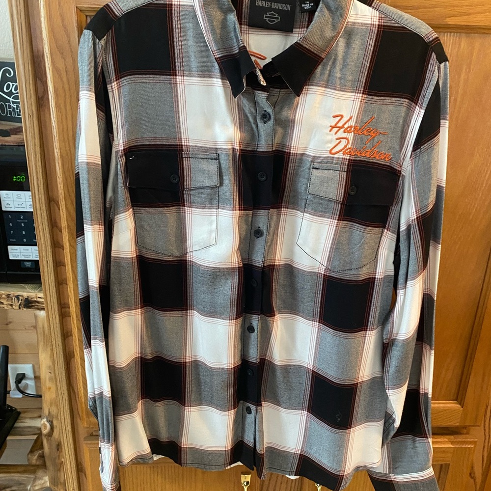 Harley-Davidson Women’s Black, White, and Orange Plaid Shirt
